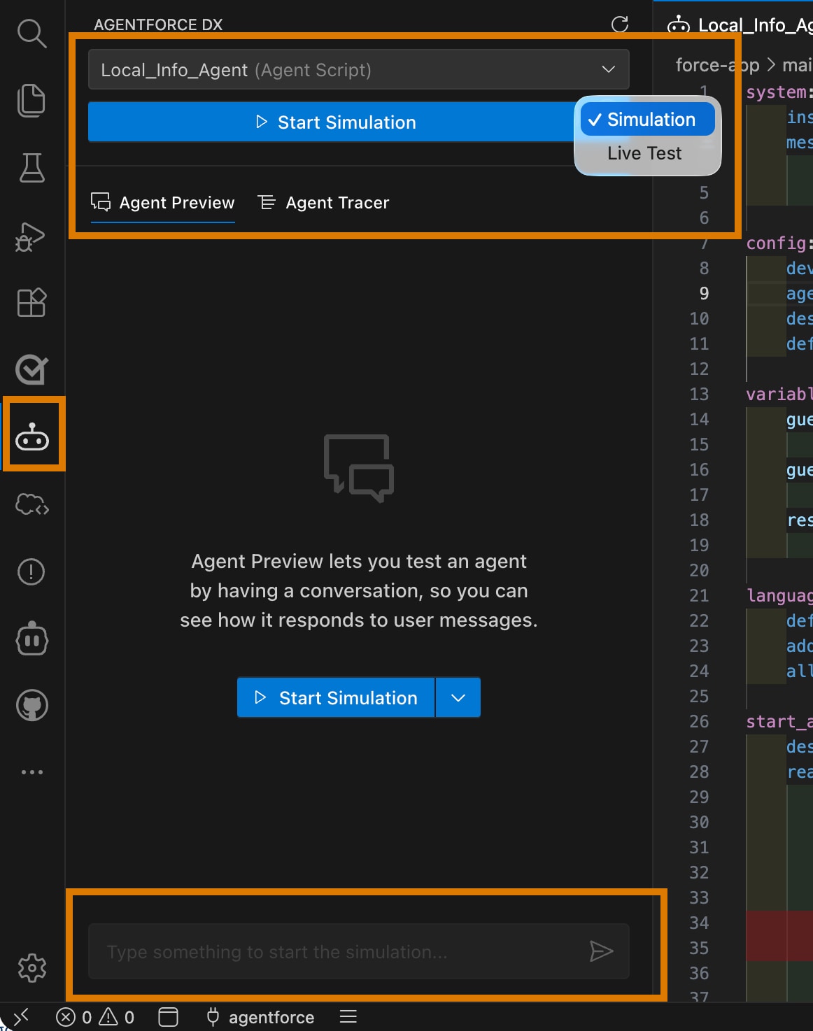 VS Code showing preview panel with Agentforce DX icon, simulated vs live mode drop-down, and chat window.