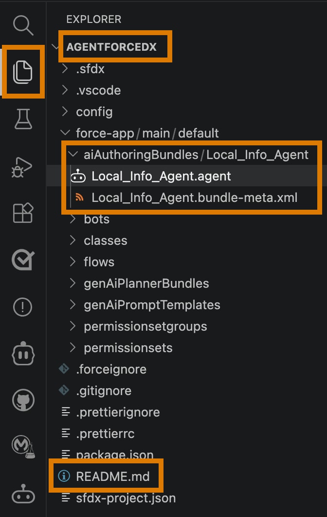 VS Code showing an open "agentforcedx" DX project, with key metadata directories highlighted.