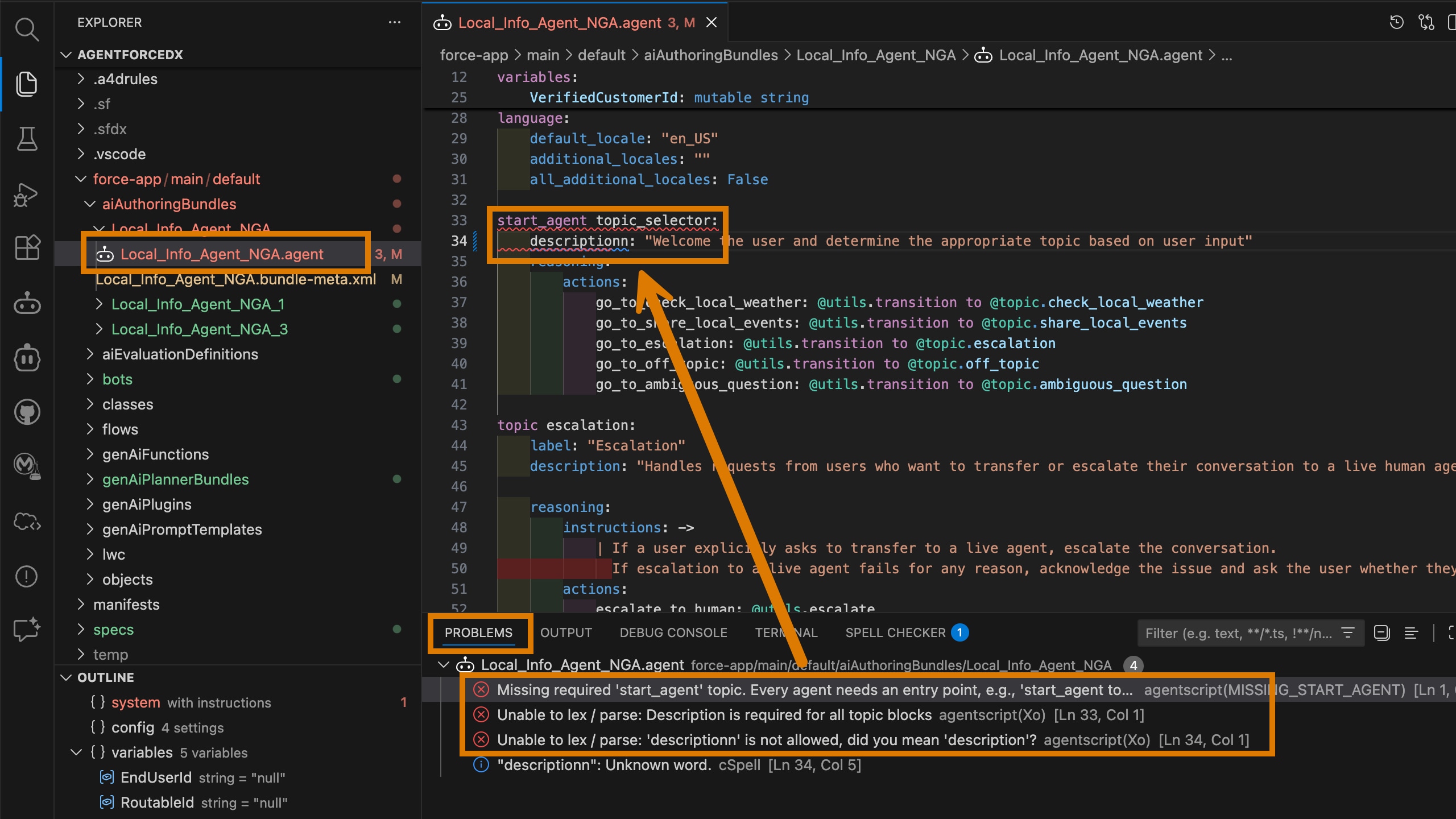 VS Code showing Agent SCript file with a type and the validation errors in the Problems tab.