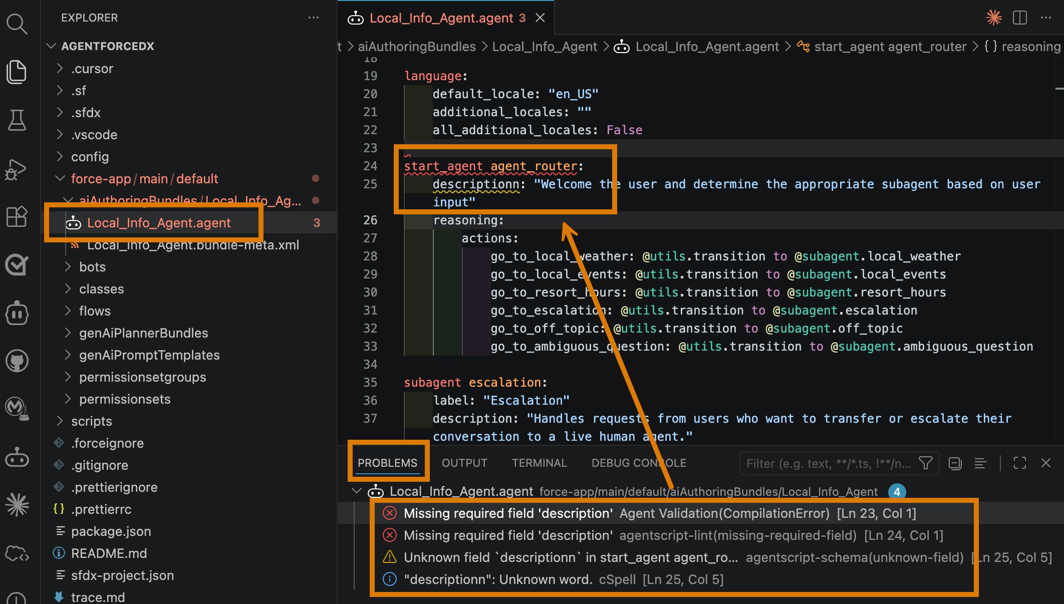 VS Code showing Agent SCript file with a type and the validation errors in the Problems tab.