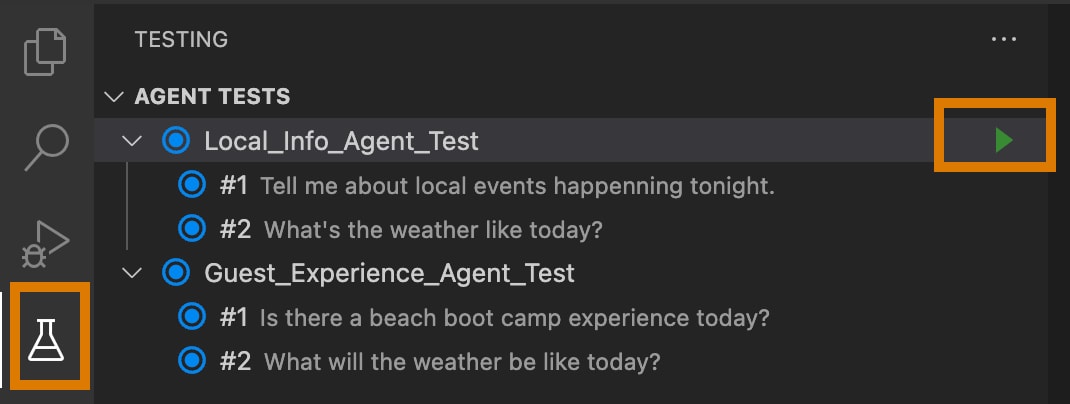 VS Code showing beaker icon in left Activity Bar highlighted and the green arrow next to an agent test highlighted.