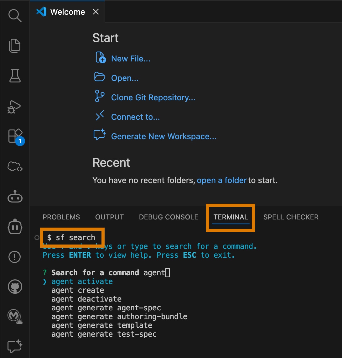 VS Code with integrated terminal highlighted and showing the "sf search" command.