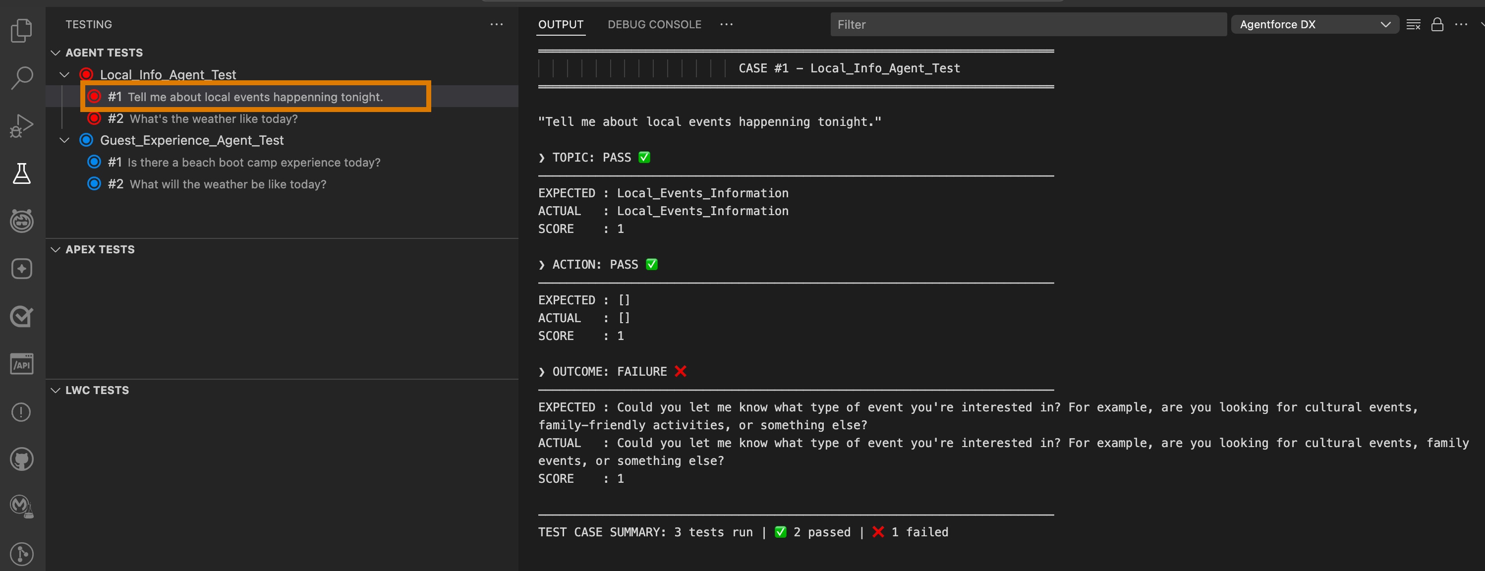 VS Code showing agent test results in the output tab