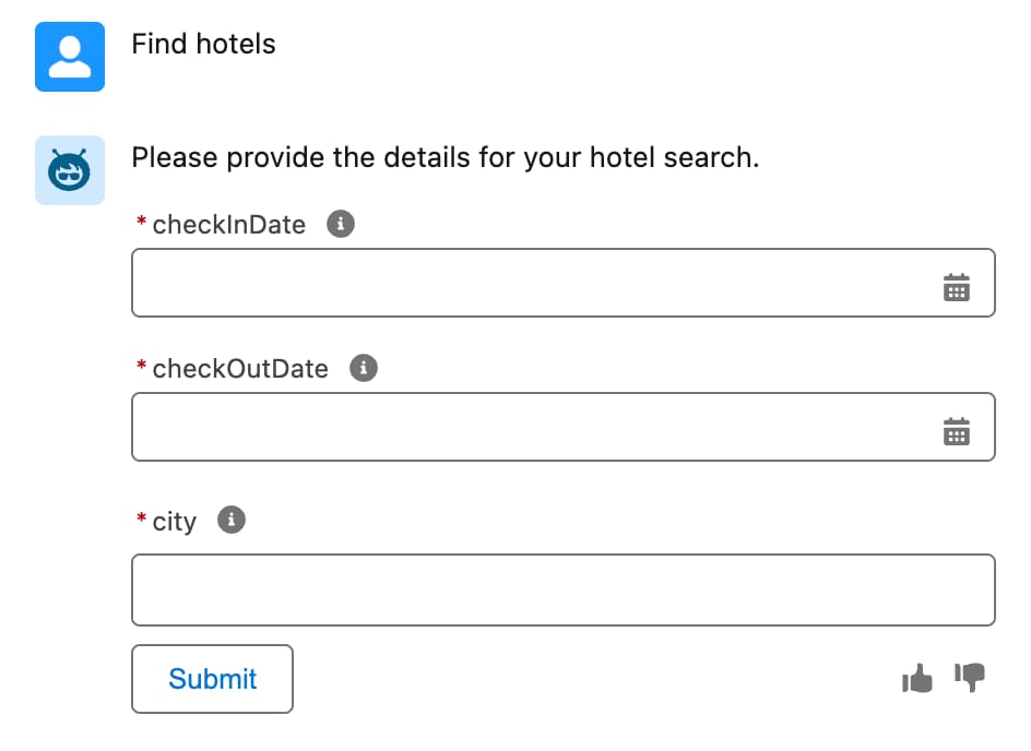 Agent action input collects hotel details: checkInDate, checkOutDate, and city.