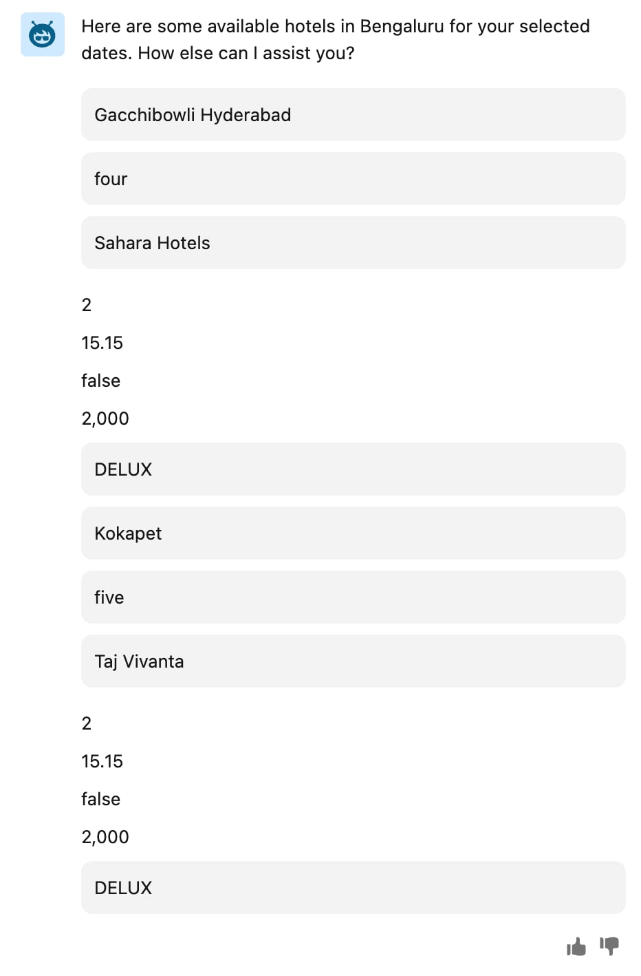Agent's response to a hotel details request. The response lacks labels and is presented in a format that is hard to understand.
