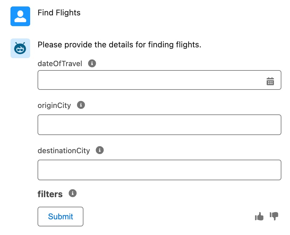 Agent's response to collect flight details. The response lacks filter fields for price and discount percentage, making it difficult to filter flight data.