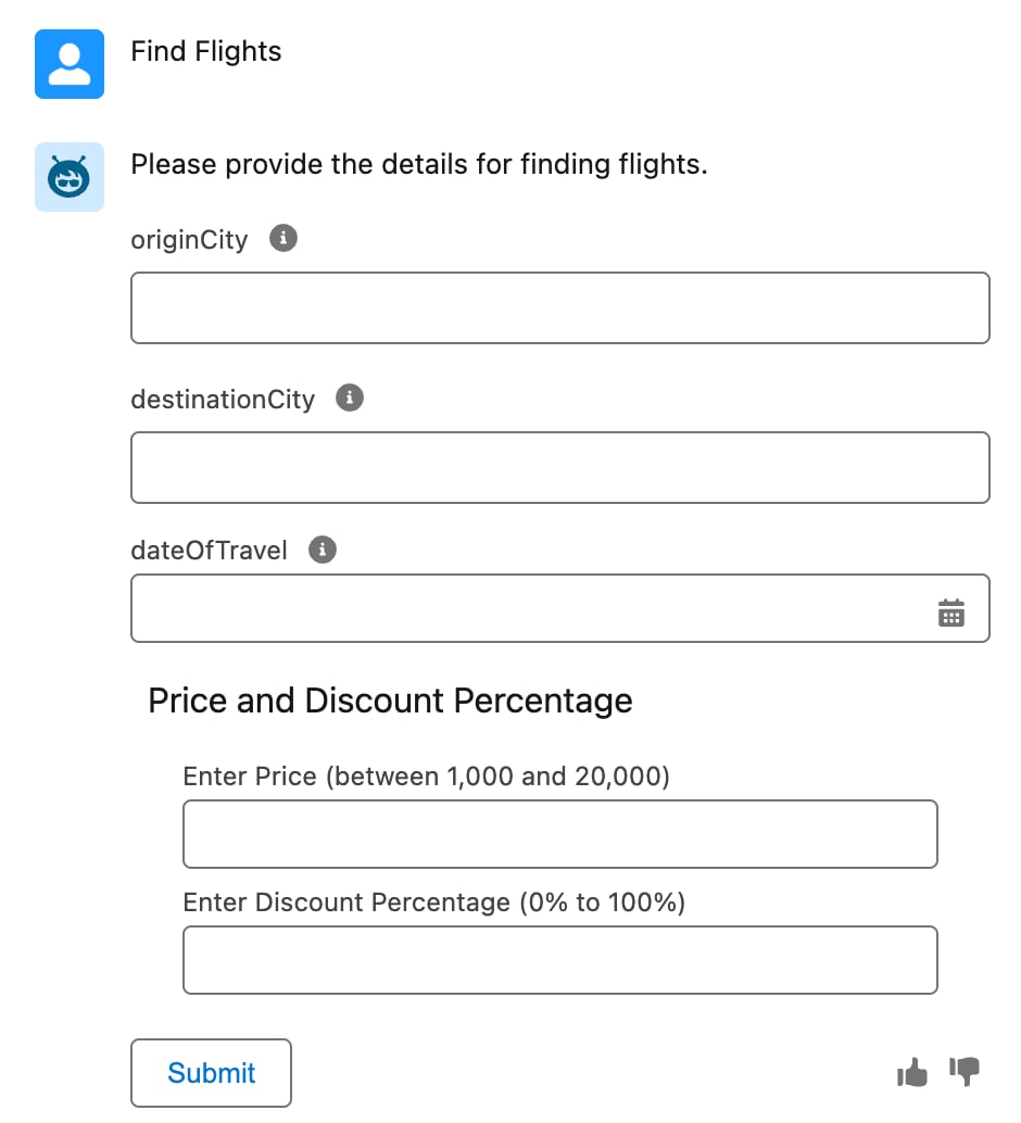 Agent's response to collect flight details. The response includes filter fields for price and discount percentage, making it easy to filter flight data.