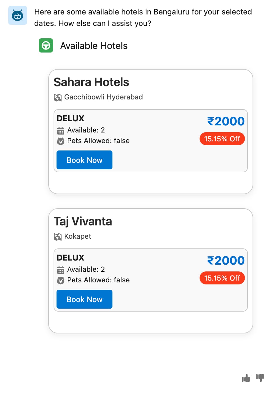Agent's response to a hotel details request. The response includes clear labels and is presented in a format that is easy to understand.