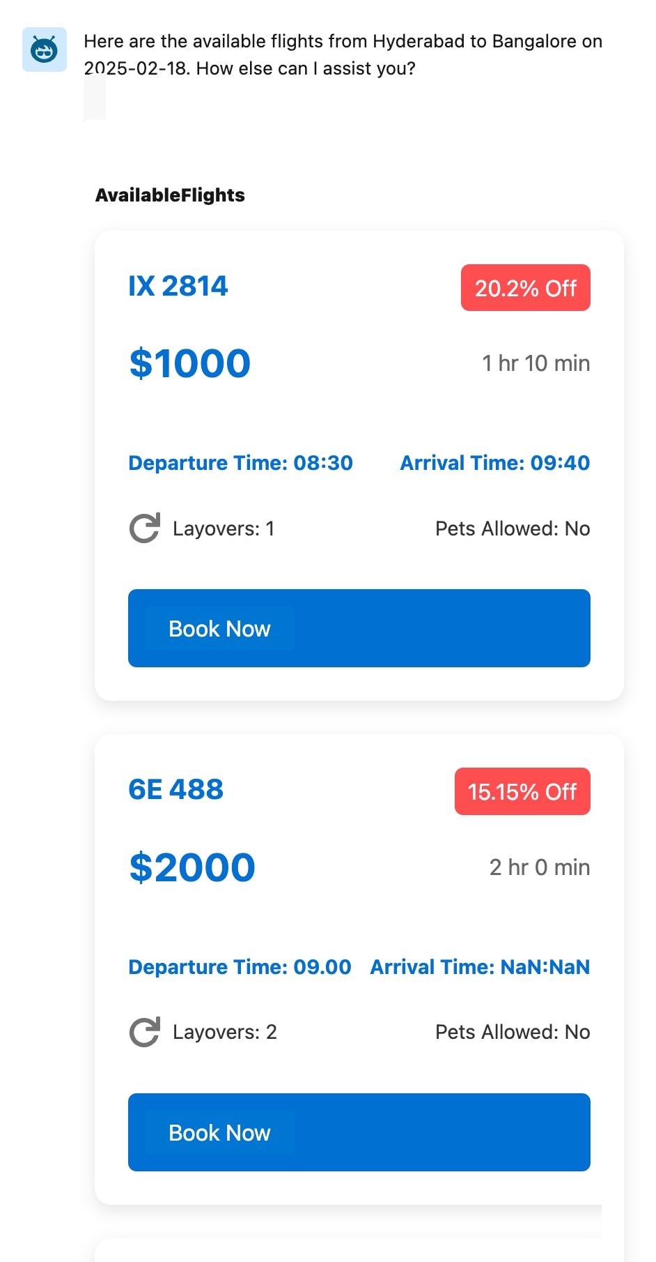 Agent's response to a flight details request. The response includes clear labels and is presented in a format that is easy to understand.