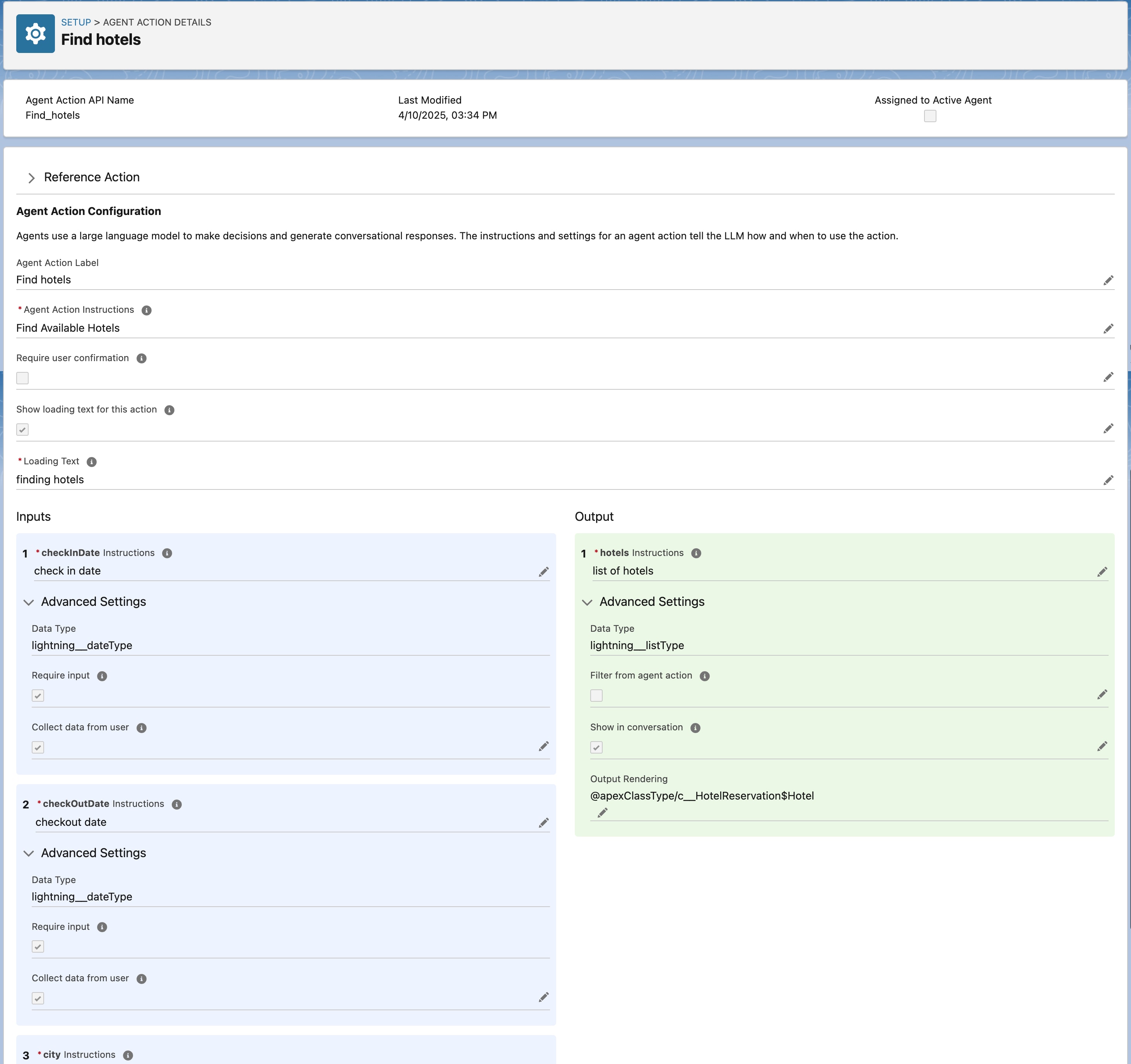 Input and output settings for a 'Find hotels' agent action. Inputs: checkInDate, checkOutDate, filters, City. Output: hotels.