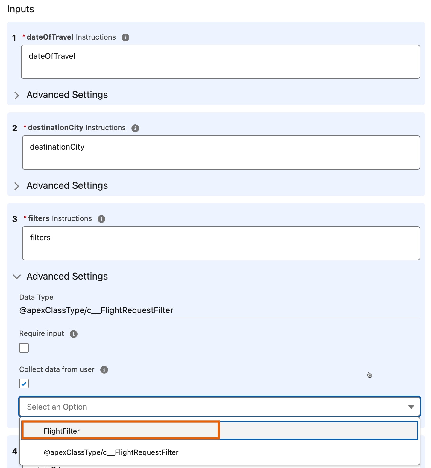 The agent action output settings with 'flightFilter' selected in the Input Rendering field.
