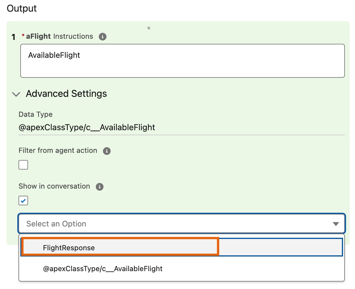 The agent action output settings with 'flightResponse' selected in the Output Rendering field.