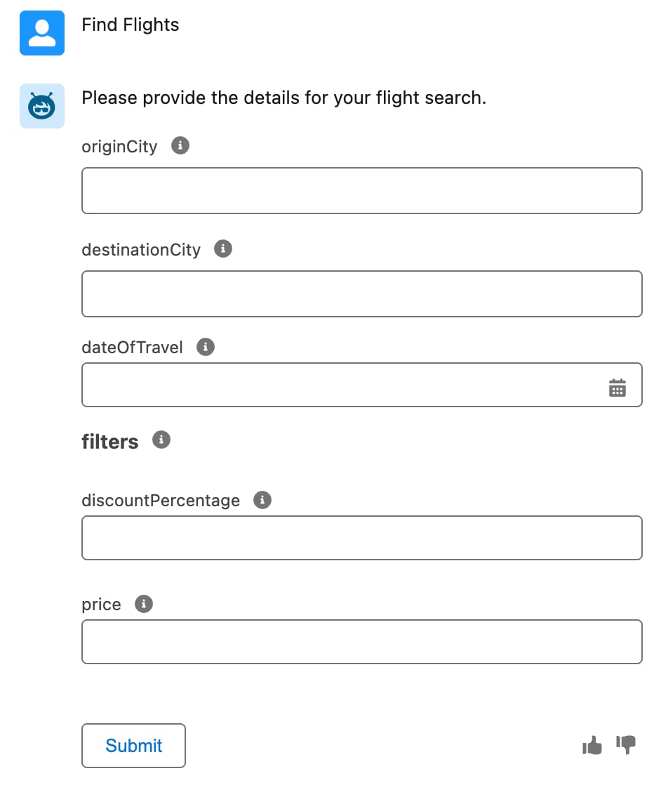 Agent's response to collect flight details. The response lacks filter details for price and discount percentage, making it difficult to filter flight data.