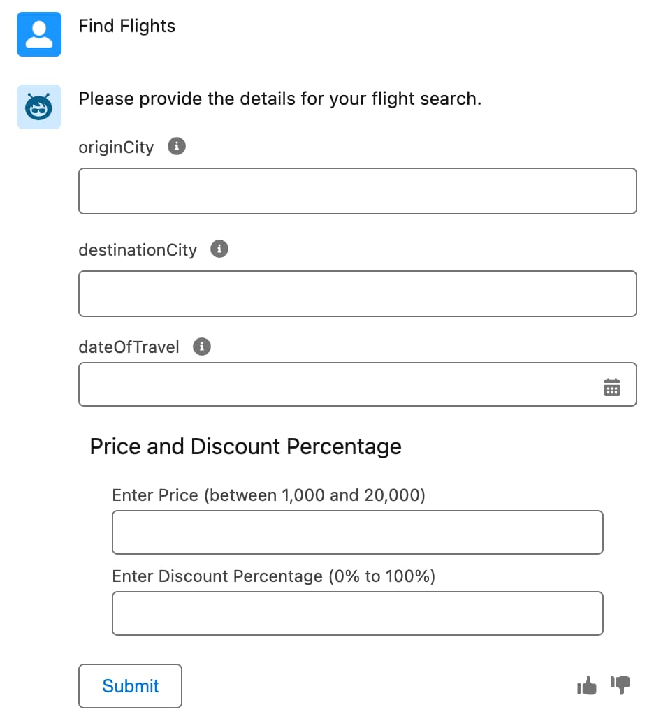 Agent's response to collect flight details. The response includes filter fields for price and discount percentage, making it easy to filter flight data.
