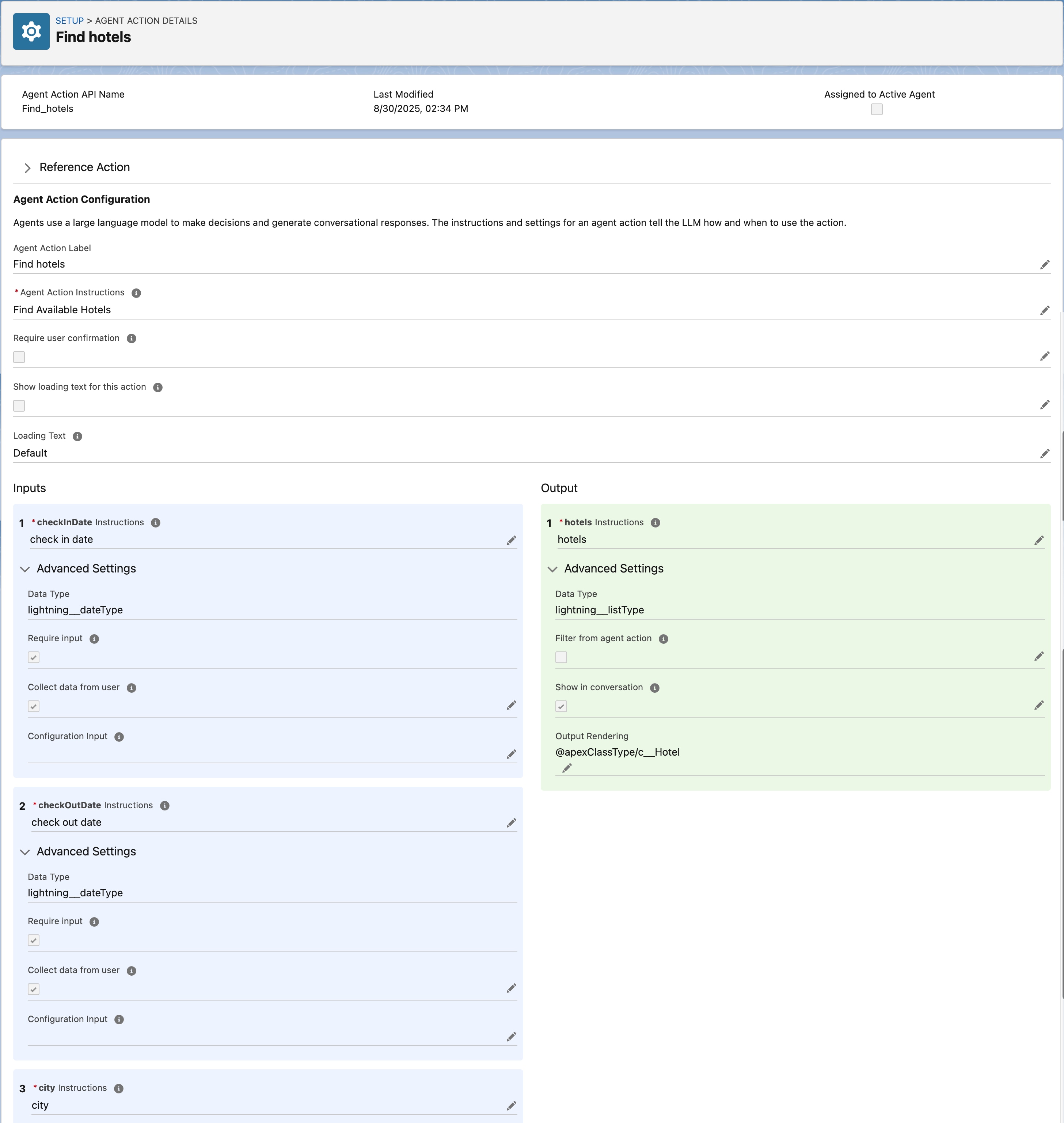 Input and output settings for a 'Find hotels' agent action. Inputs: checkInDate, checkOutDate, City. Output: hotels.