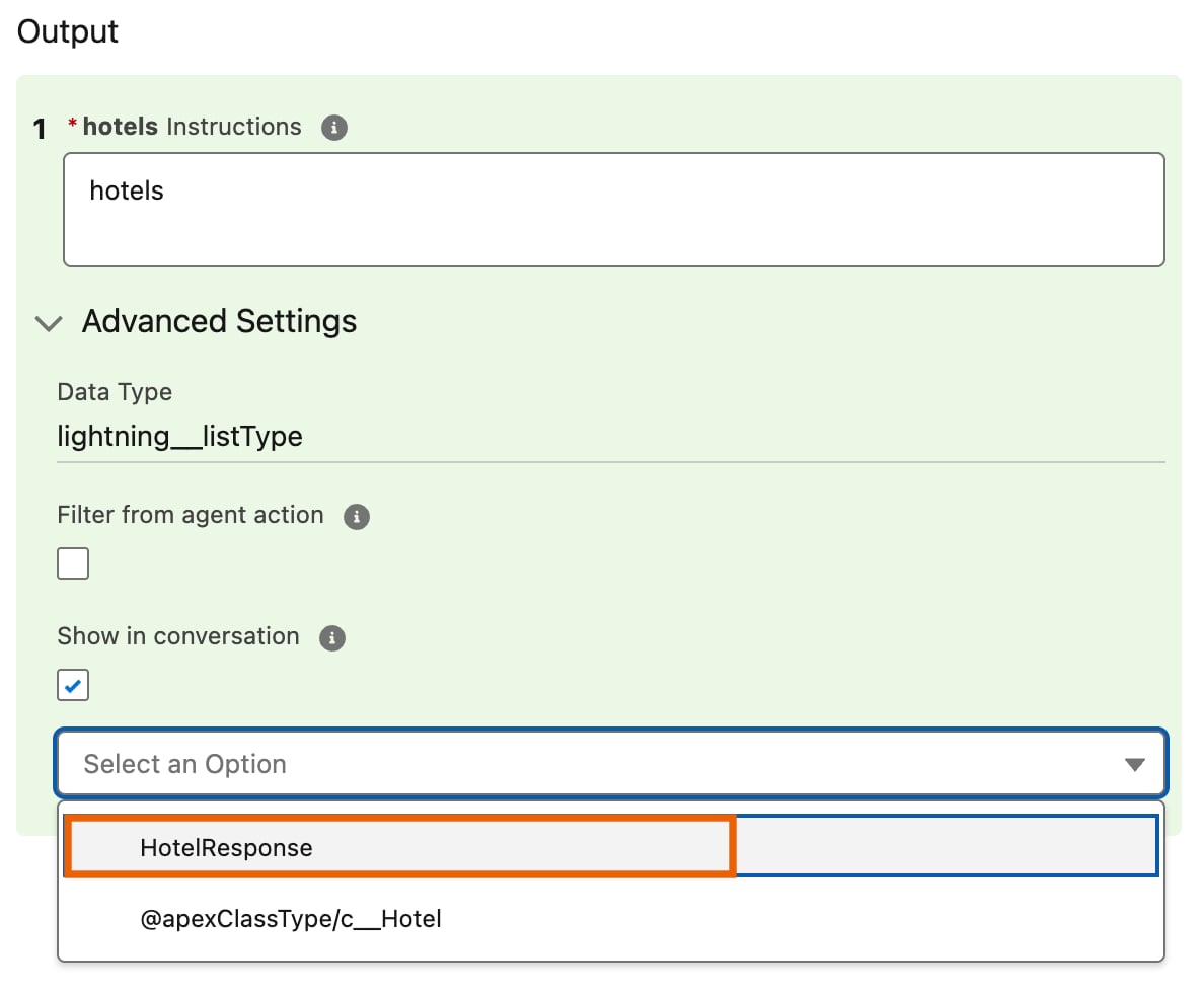 The agent action output settings with 'hotelResponse' selected in the Output Rendering field.