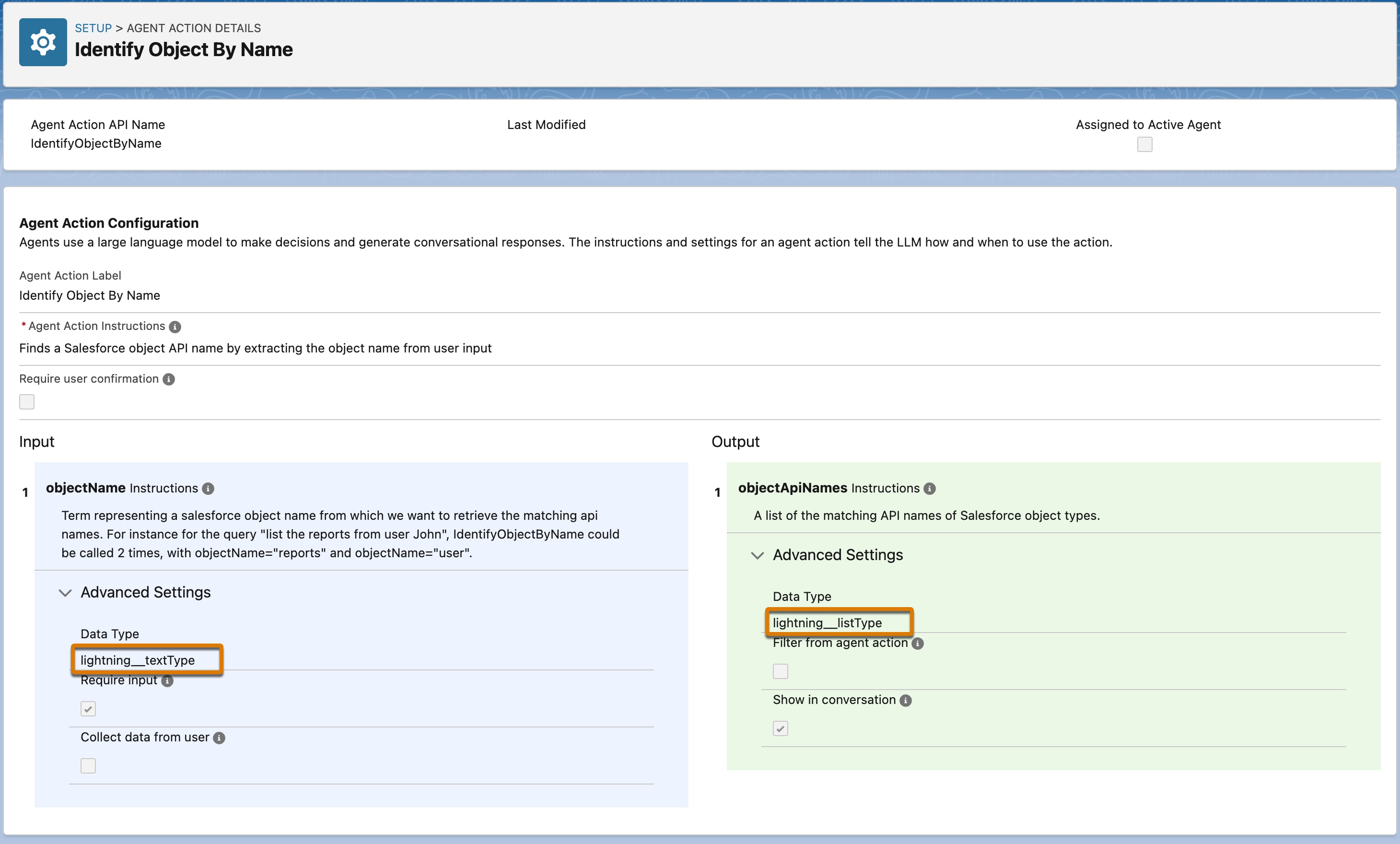 Input and output settings for the 'Identify Objects By Name' agent action, with standard Lightning types used in the Data Type field for both configurations.