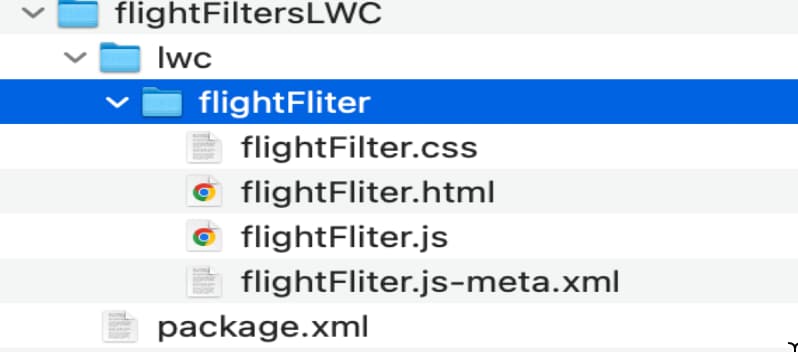 The lwc folder contains a folder named flightFilter, which is the LWC component. The flightFilter folder includes CSS, HTML, JS, and metadata files.