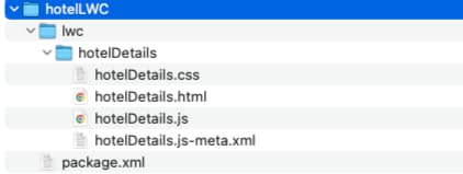 The lwc folder contains a folder named hotelDetails, which is the LWC component. The hotelDetails folder includes CSS, HTML, JS, and metadata files.
