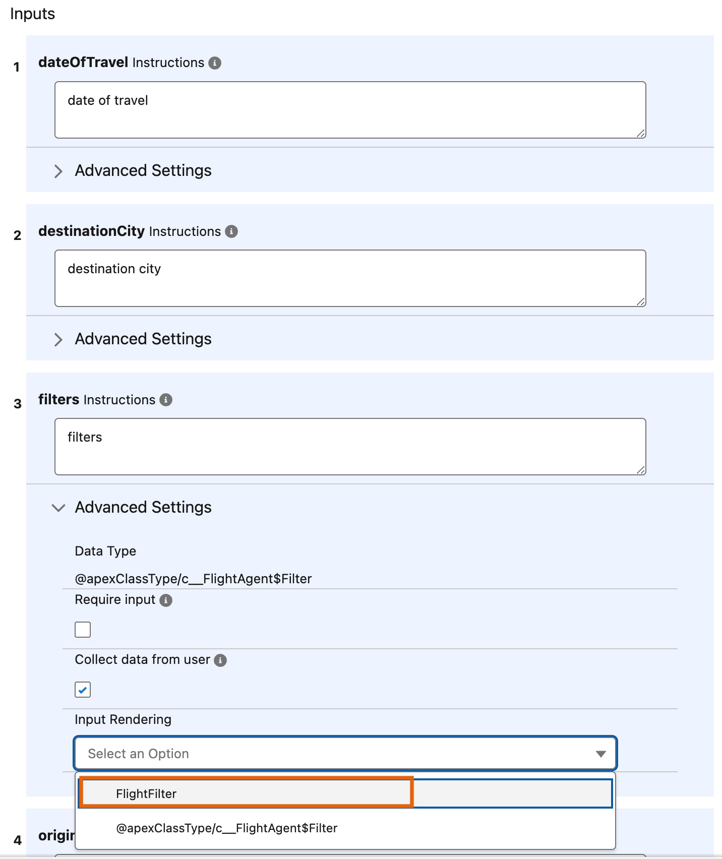 The agent action output settings with 'flightFilter' selected in the Input Rendering field.