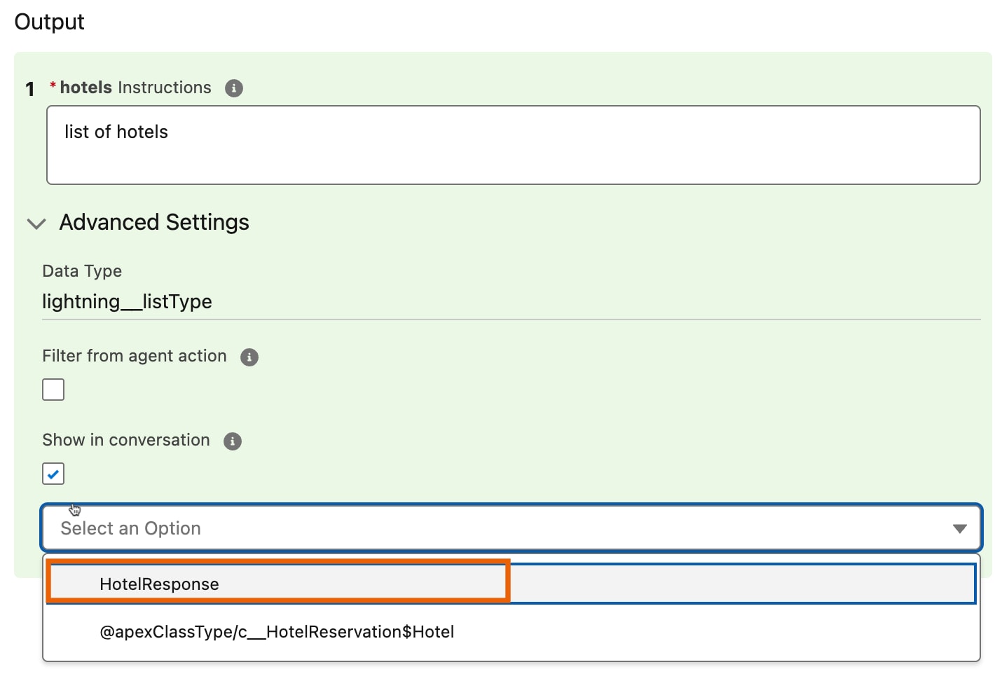 The agent action output settings with 'hotelResponse' selected in the Output Rendering field.