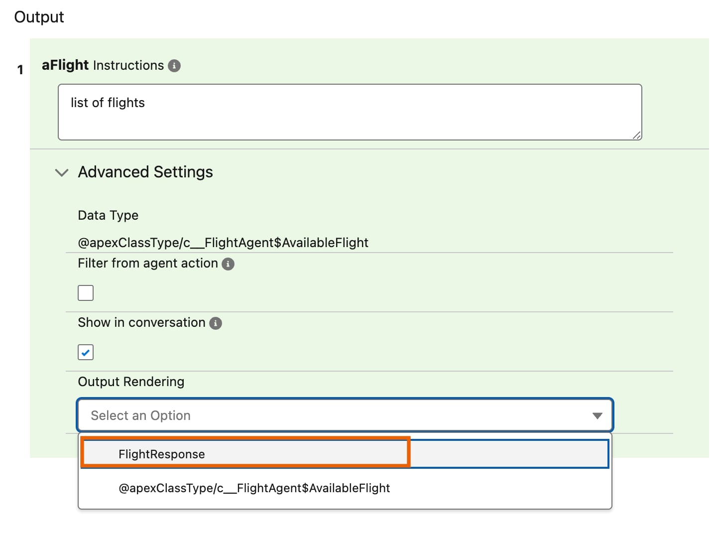 The agent action output settings with 'flightResponse' selected in the Output Rendering field.