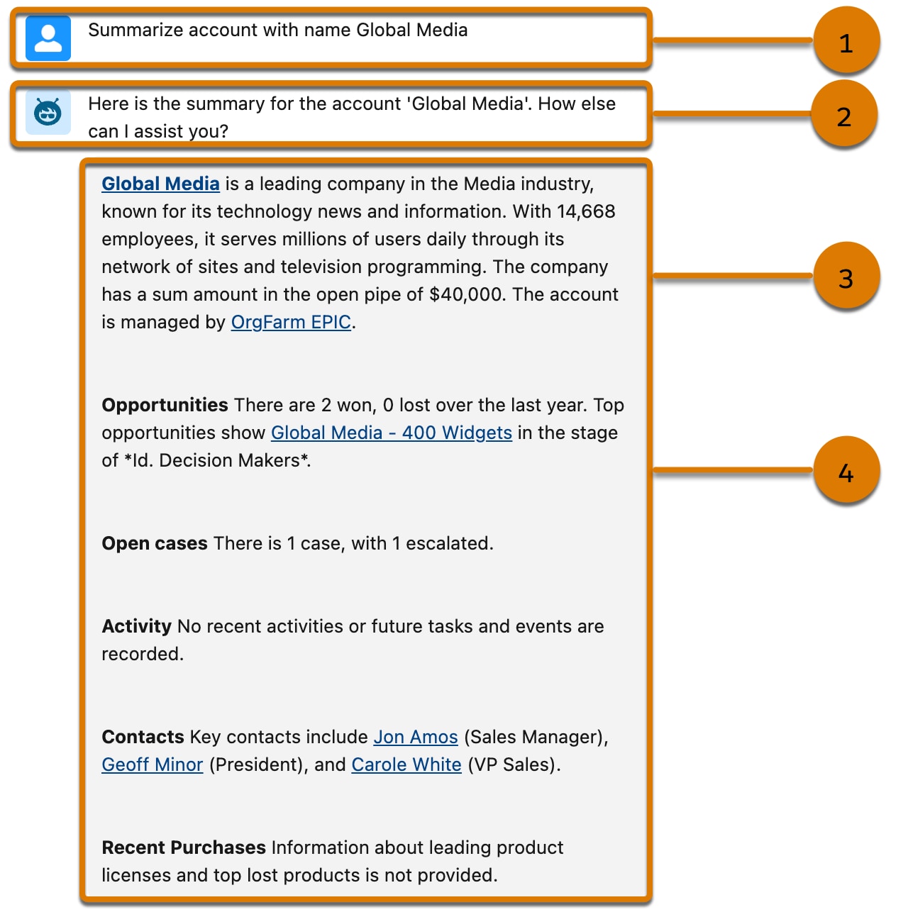 A summary of an account shows company details, opportunities, open cases, activities, contacts, and recent purchases.