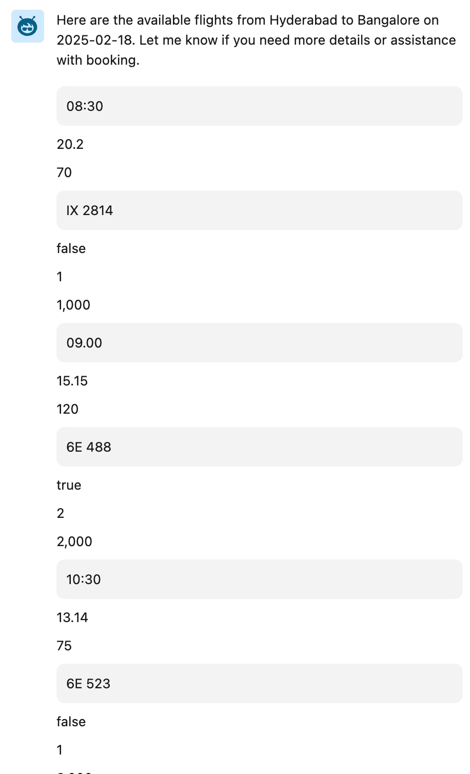 Agent's response to a flight details request, with no labels, a cluttered and unappealing layout, and no "Book Now" button.