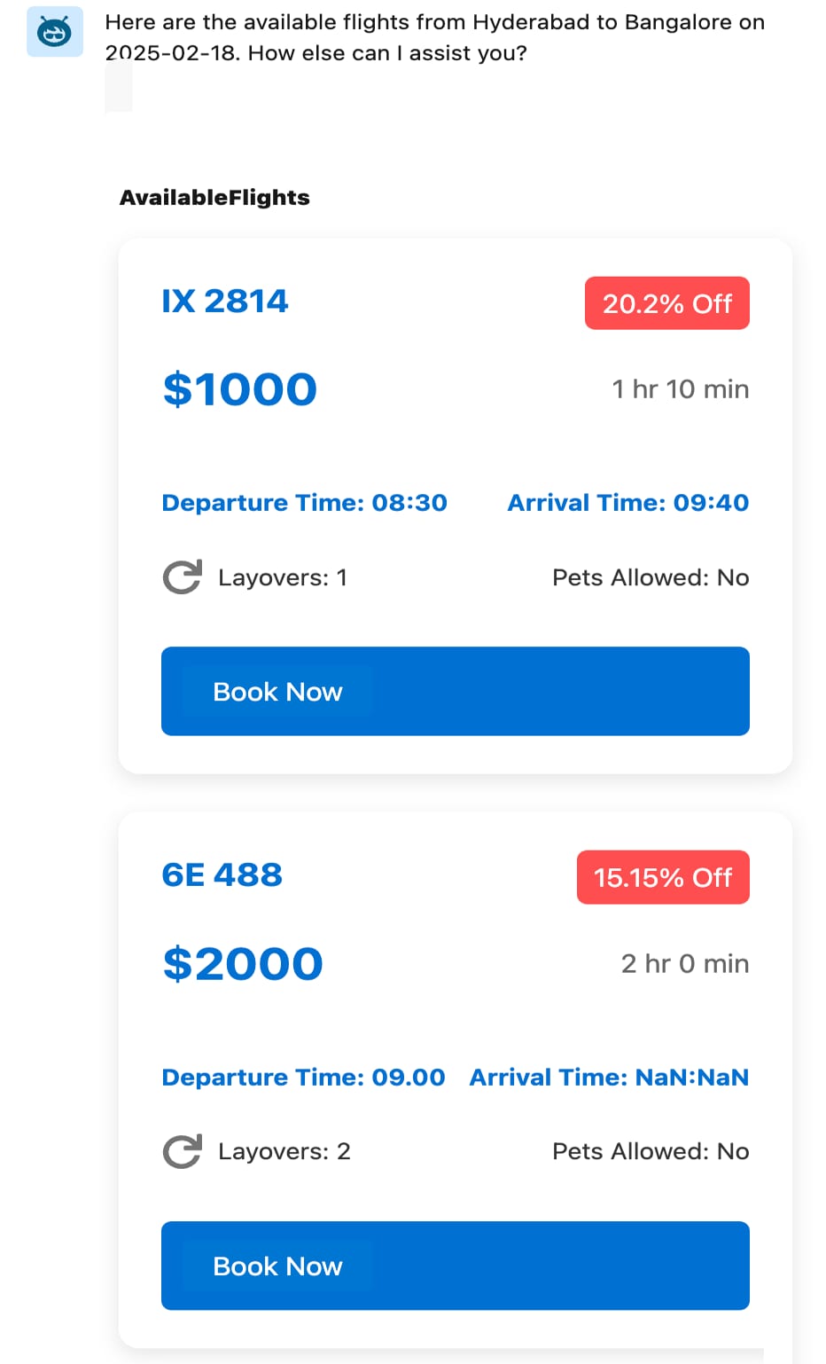 Agent's response to a flight details request, featuring clear labels, an appealing layout, a highlighted discount, and a prominent "Book Now" button.