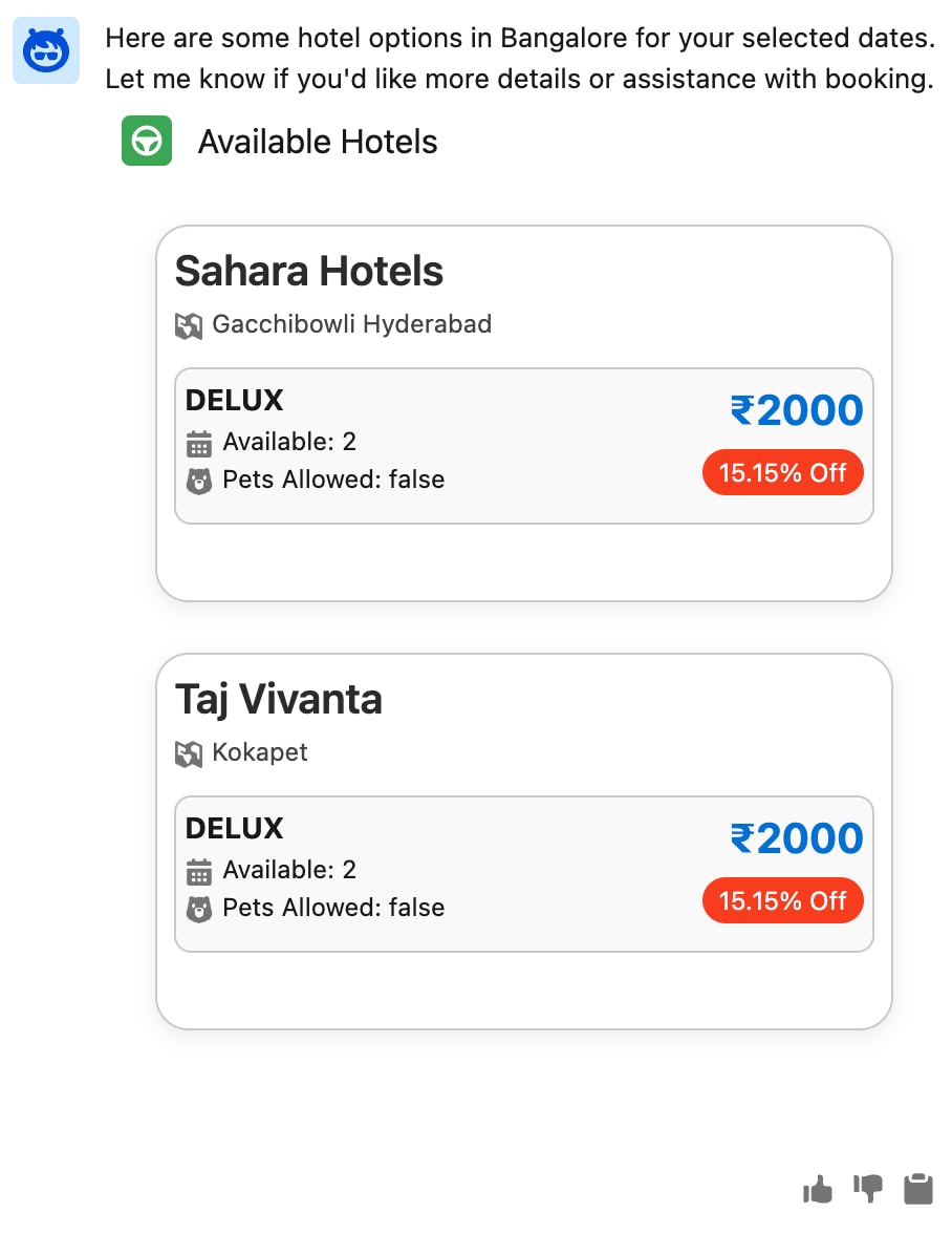 Agent's response to a hotel details request. The response includes clear labels and is presented in a format that is easy to understand.