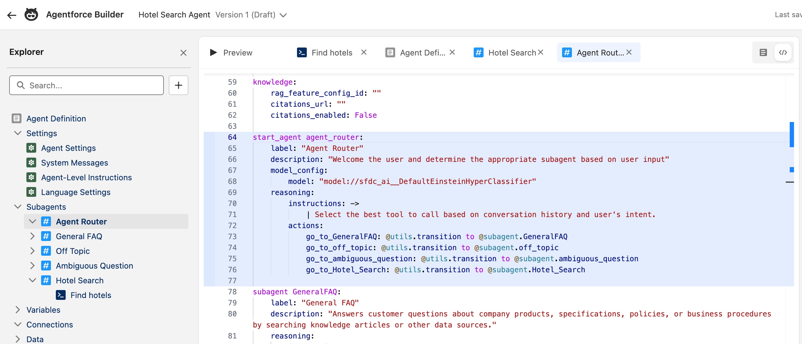 Agent Router in Script mode with the go_to_Hotel_Search transition in its actions section.