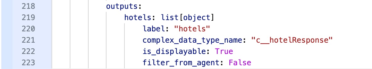The agent action outputs parameter with 'c__hotelResponse' selected in the complex_data_type_name property.
