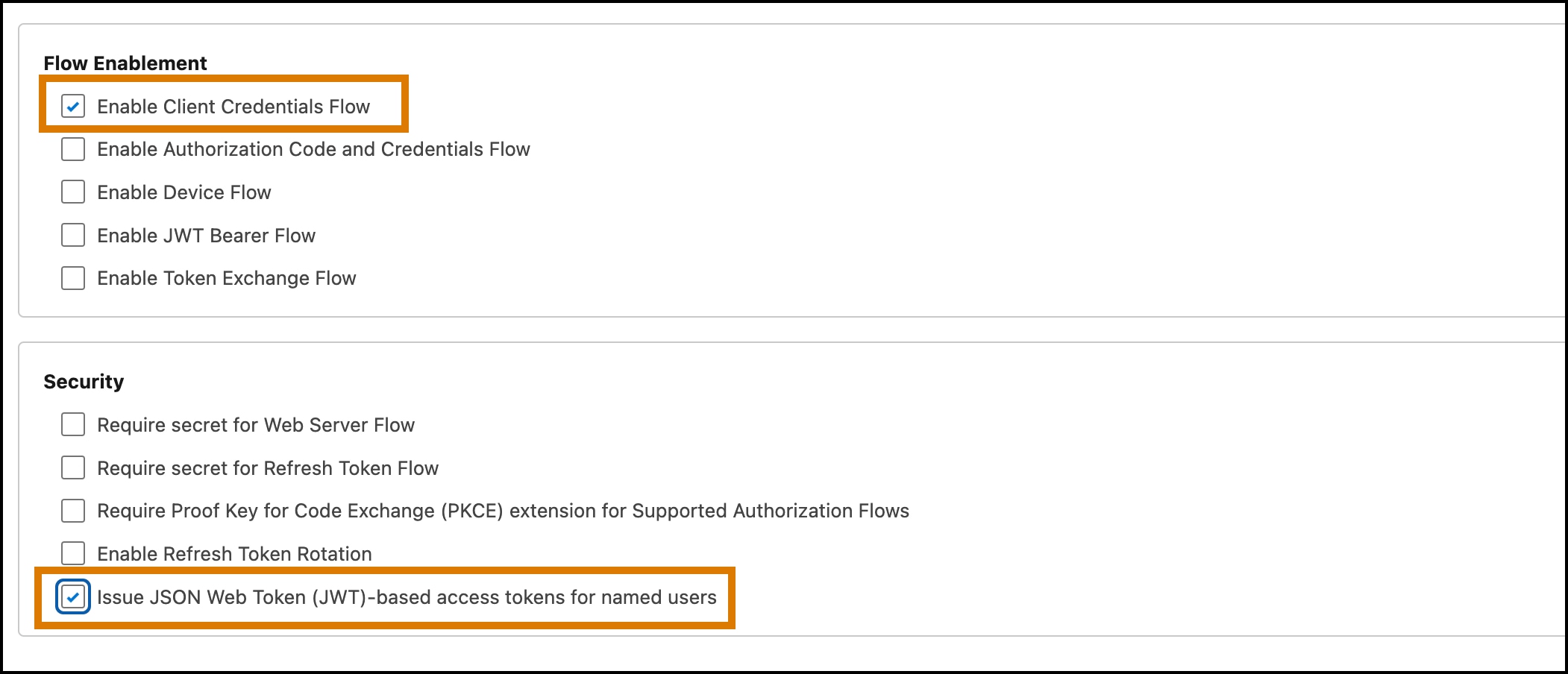 OAuth settings checkboxes