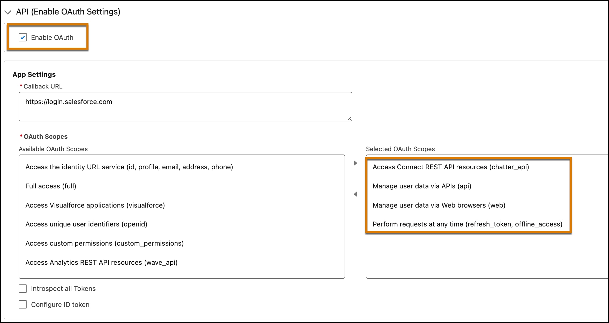 OAuth scopes settings