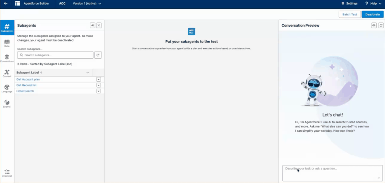 The Agentforce conversation displays structured hotel information as an HXL Hotel Card widget.