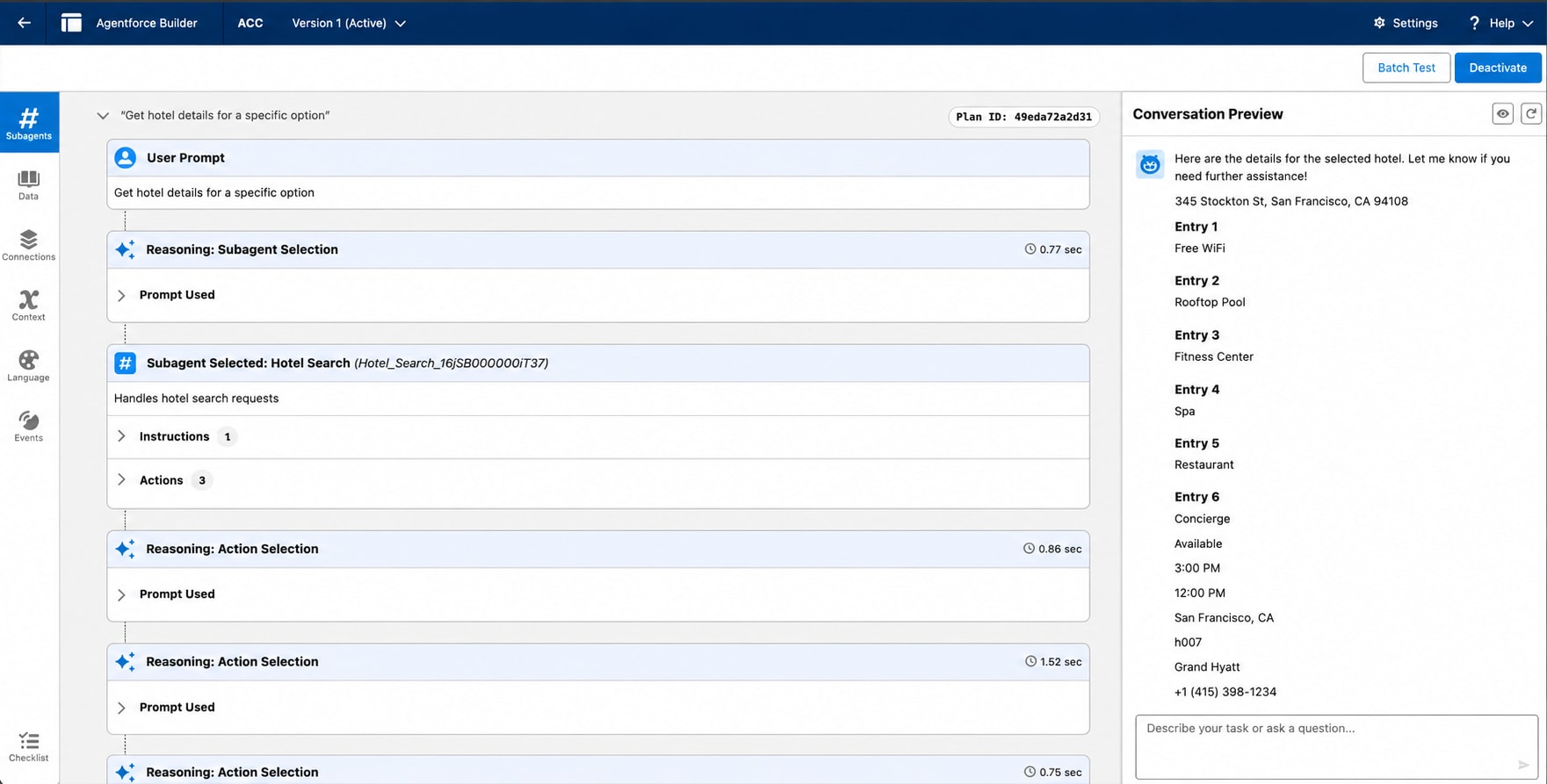 The Agentforce conversation displays structured hotel information using the default output presentation.