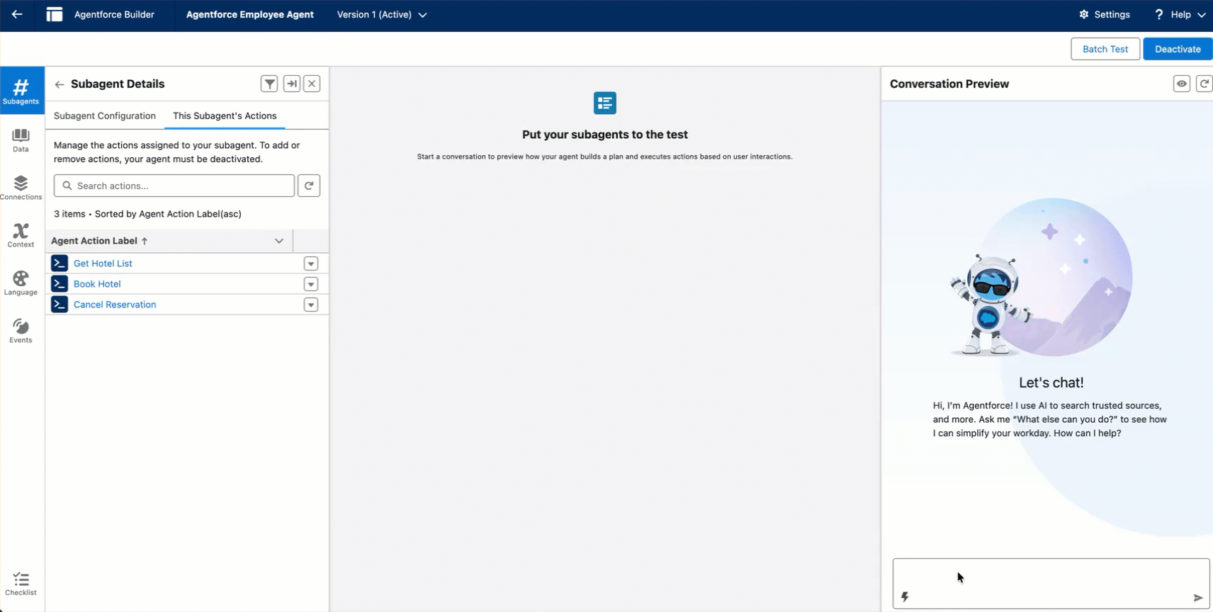 The Confirm Reservation and Cancel Reservation buttons on the Hotel Card send follow-up requests to the agent in Conversation Preview.