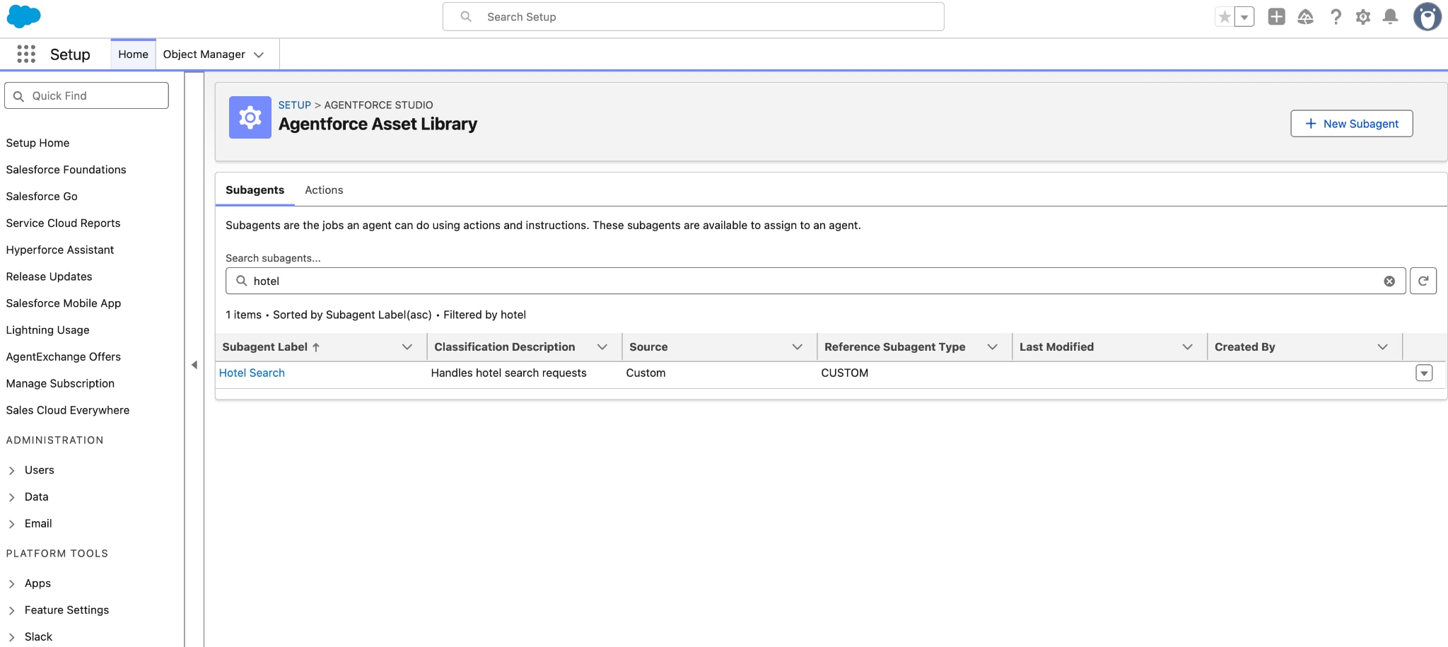 Agentforce Builder shows the Hotel Search subagent and the Conversation Preview panel.