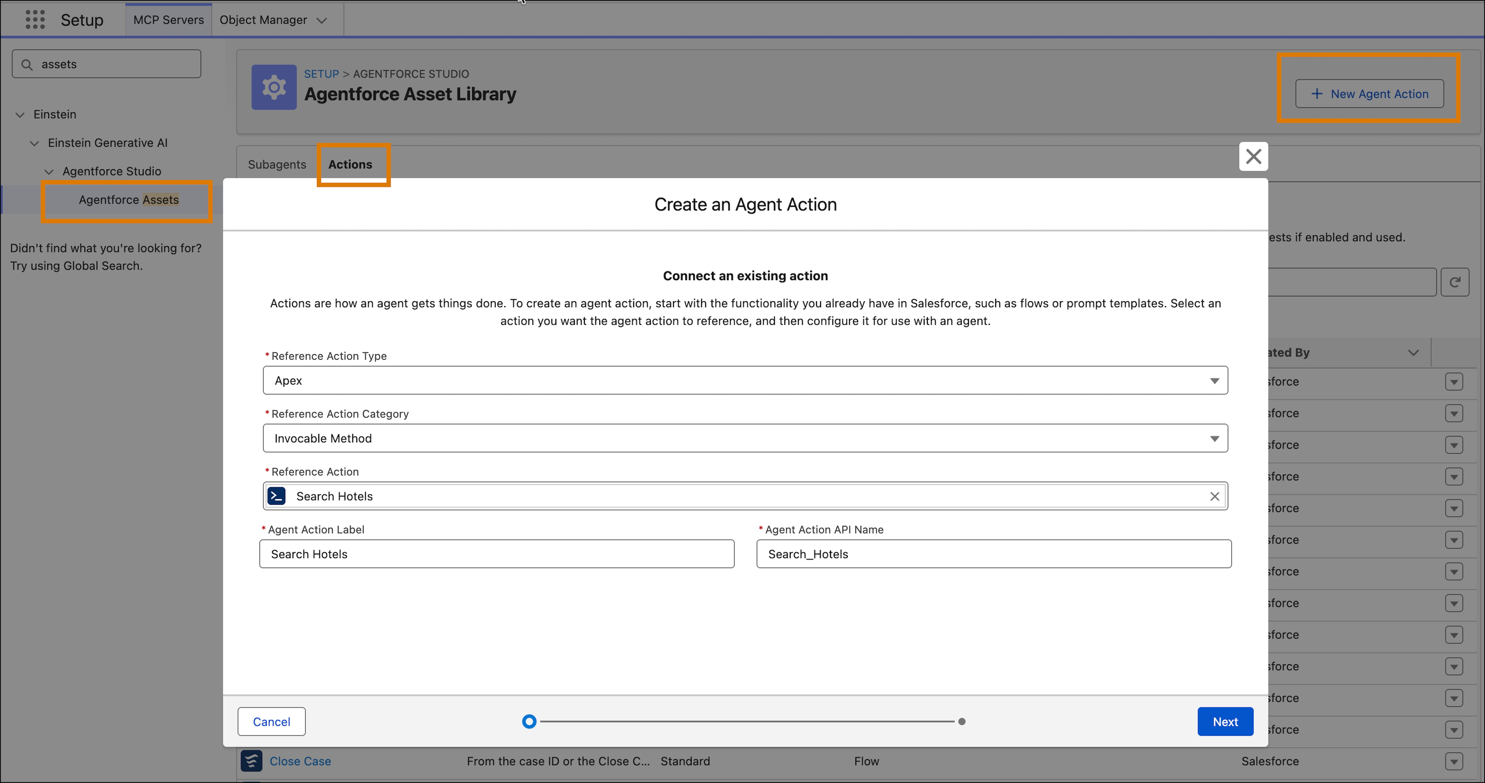 Create an agent action in Setup using the Apex class.
