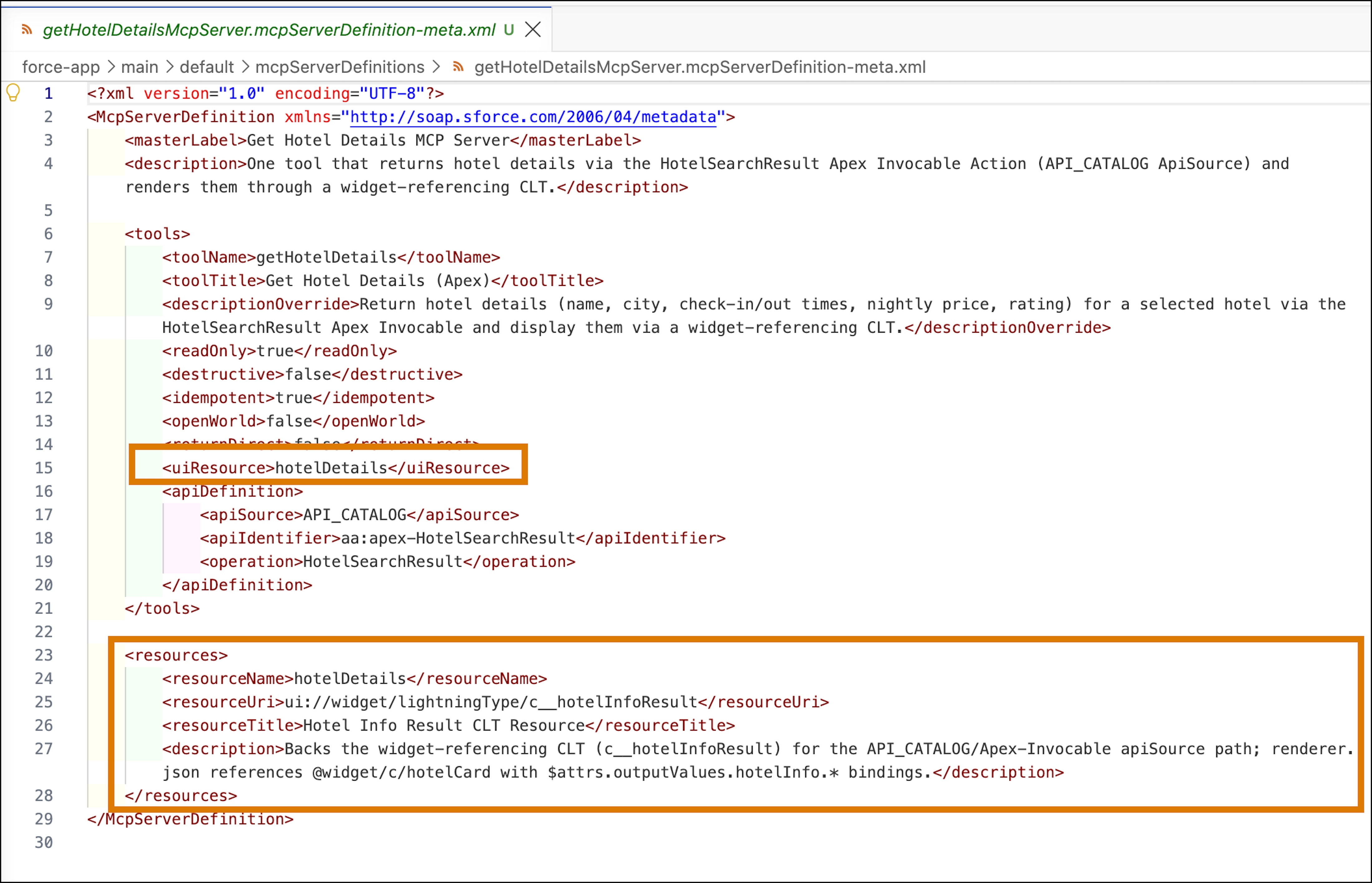 MCP metadata file open in VS Code editor with the <resources> and <uiResource> elements highlighted. 