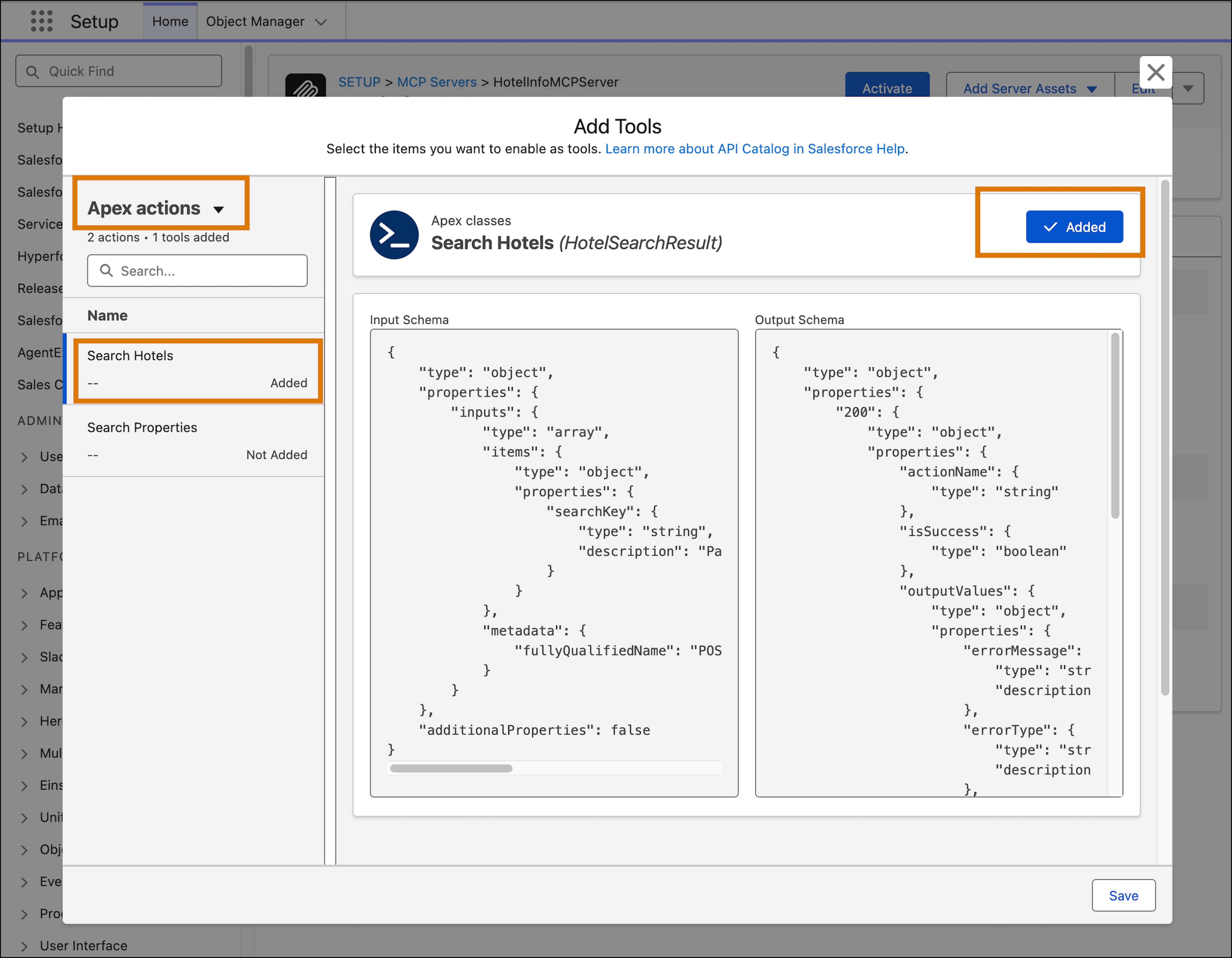 Setup page showing how to create a tool in your MCP server that uses the Apex action.
