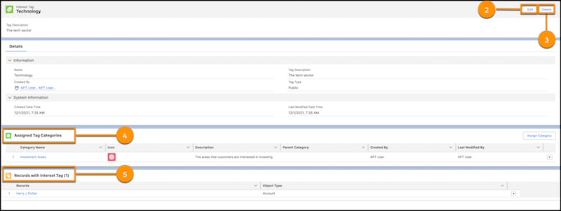 A representation of modify and delete Interest Tags on the Lightning Component screen.