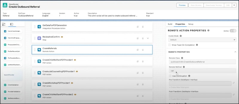 A representation of CreateReferrals Remote Actions in Create Outbound Referral OmniScript in your Salesforce org.