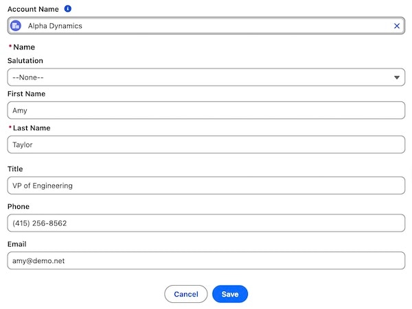 Record view form with Name and Email fields