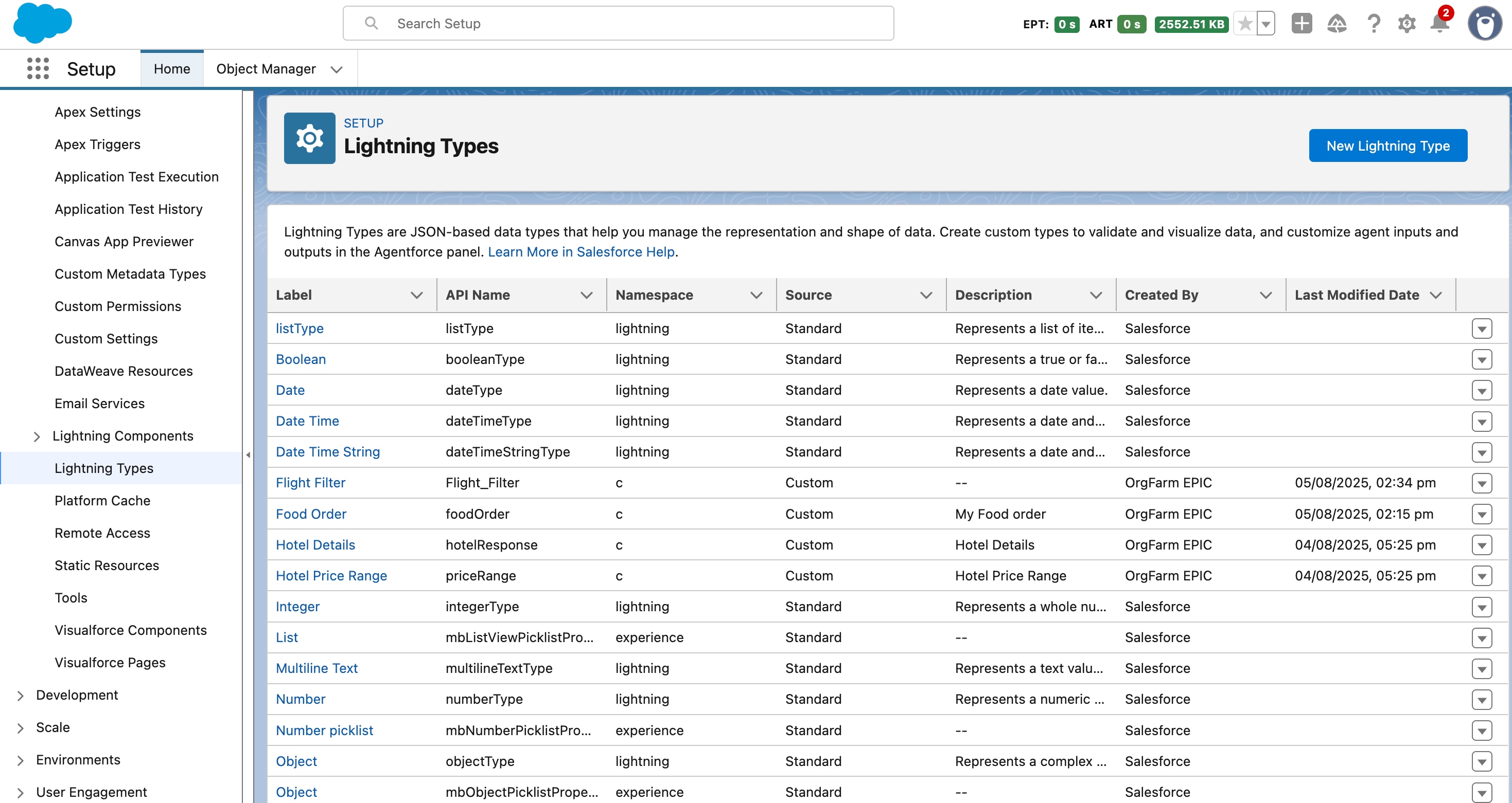 The Lightning Types page shows a list of Lightning types in your org. The Source column indicates whether a Lightning type is standard or custom.