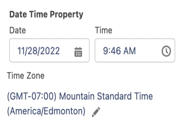 A form that displays a date, time, and time zone.