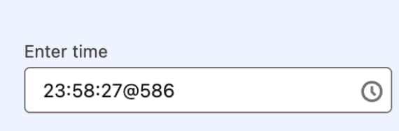 A time input field labeled 'Enter time' populated with the value 23:58:27@586.