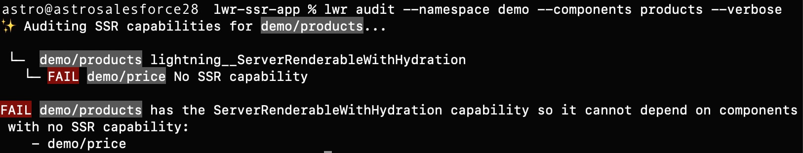 Screenshot of the CLI for a component tree that failed lwr audit tests.
