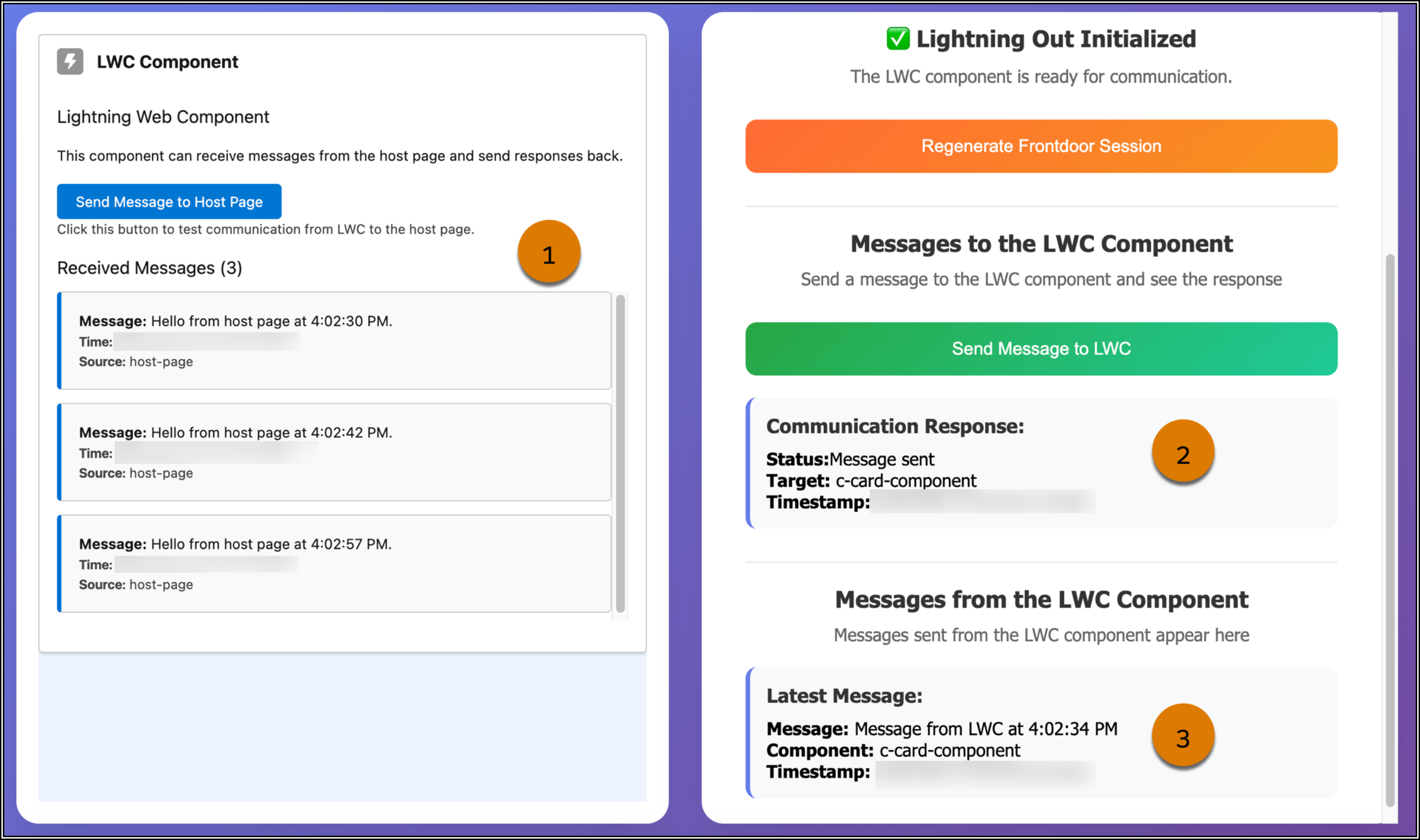 The host page after custom events are dispatched to and from the embedded LWC component