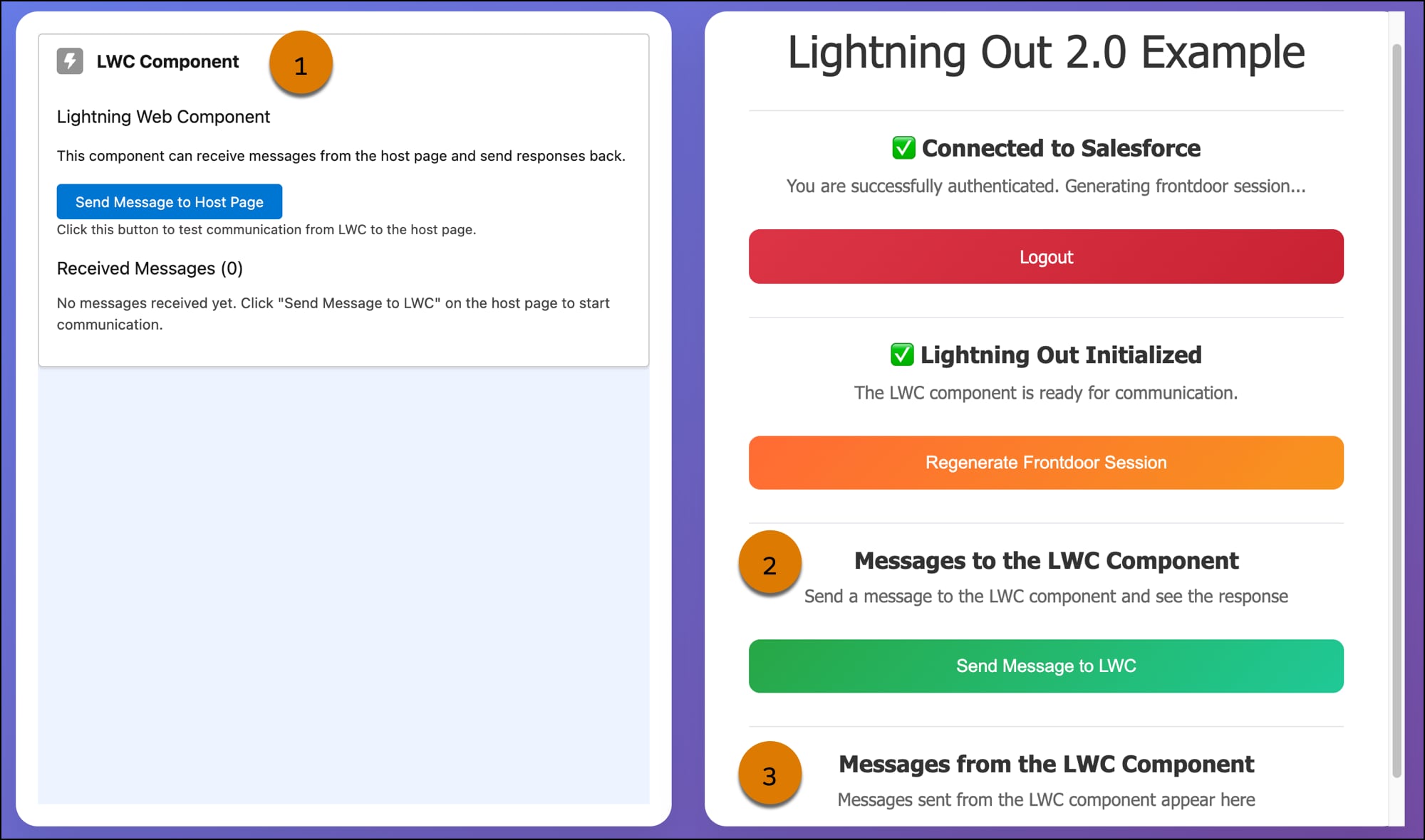 The host page after the Lightning Out 2.0 app is initialized, but before any custom events are dispatched